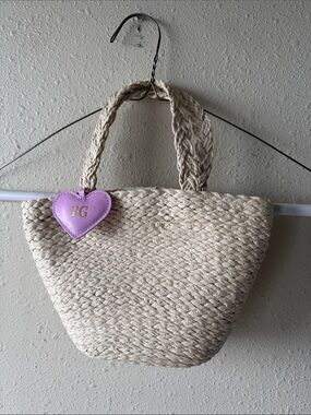 Miss KG Natural Straw Tote with Pink Heart Tag